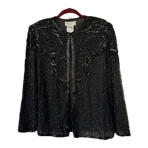 VTG Papell Boutique Evening 100% Silk Black Beaded Sequin Evening Jacket Sz M
